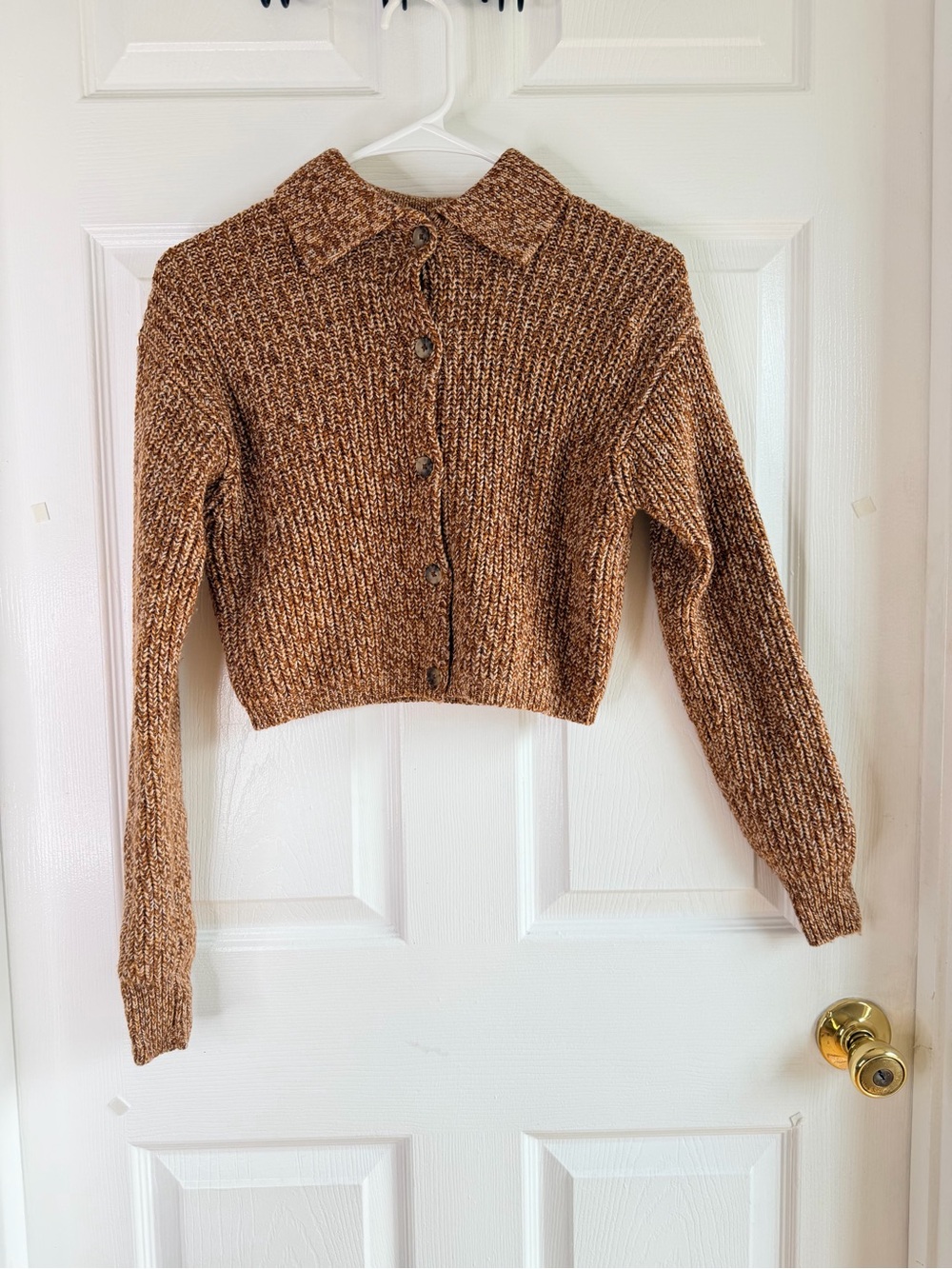 Wilfred Aritzia Cozy Knit Shrunken Cardigan XS 100% Merino Wool Brown White